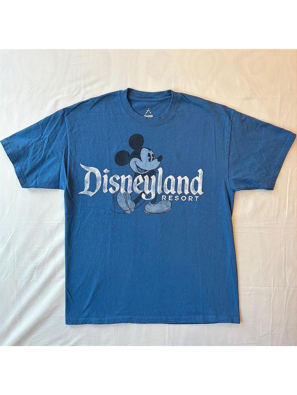 Y2K Disneyland Resort T-Shirt Blue Mickey Mouse Gothic Script Size L 100% Cotton